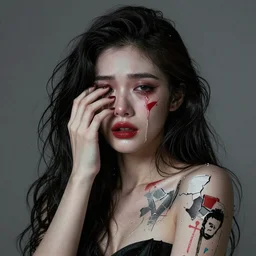 ultra detailed, fashion, broken heart, beautiful woman, she cry, surreal, in style of jean - michel basquiat, trending on artstation