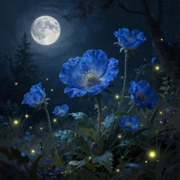 beautiful digital matter cinematic painting of whimsical botanical illustration blue flowers moon fireflies tenchanted dark background, whimsical scene by greg rutkowki artstation