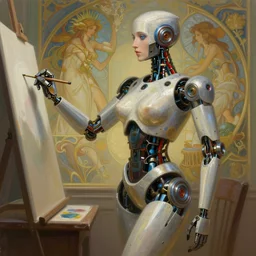 a photo of robot painting, seductive, highly detailed, digital painting, artstation, concept art, sharp focus, illustration, art by artgerm, greg rutkowski and alphonse mucha