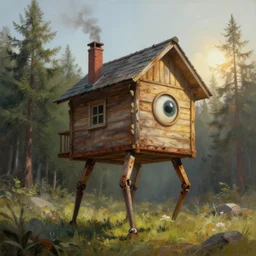a walking wood house with mechanical legs, one big eye, smoky chimney, rust, hyperrealistic, highly detailed, cinematic, single ray of sun, morning, pareidolia, dynamic composition, gravity falls style, beautiful, pine trees in the background, cgssociety, artstation, 8 k, oil painting