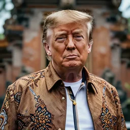 a portrait photo of trump wearing batik bali when holiday in bali, perfect faces, sigma 3 5 mm