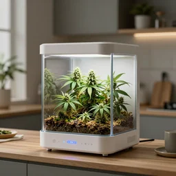 cute cannabis home growing cube fully automated, beautifully designed kitchen appliance, modern apartment interior