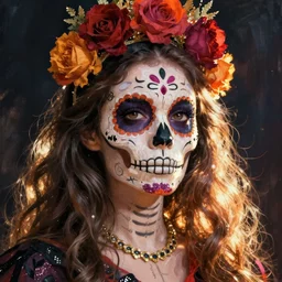 Illustration of a sugar skull day of the dead girl, art by hugh kretschmer