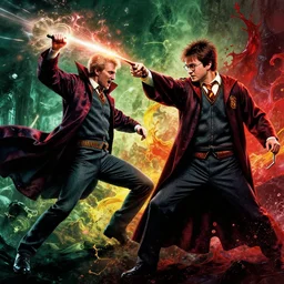 harry potter voldemort wand duel splash art graphic design color splash high contrasting art, fantasy, highly detailed, art by greg rutkowski