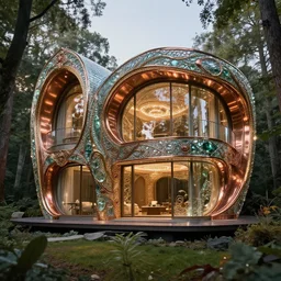 modernist house in a forest by bernard leach robin wight sparkles, shine glimmer, metallic colors, glass, oxidized copper led light, highly detailed and intricate, hdr, hyper detailed, intricate, elite, ornate, elegant, luxury, focus, unreal engine, trending on artstation, octane, trending on deviantart weta digital, micro details, golden hour