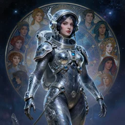 beautiful crystalline dark portrait of a female techno wizard astronaut, fantasy, intricate, elegant, highly detailed, digital painting, artstation, smooth, sharp focus, illustration, epic cosmic background, artgerm, alphonse mucha, epic cosmic background, erak note, eddie mendoza, christophe young, craig mullins, evan lee, silvain sarrailh, dao trong le, kan liu, character design, trending on artstation