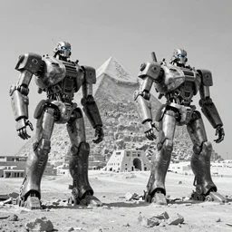massive alien robots building the gizah pyramids, giant robots, hyper mega high robots, bw photograph,