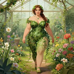 a stunning vector portrait of a thicc and voluptuous wonder woman dressed as a beautiful poison ivy with hair tied in a braid walking through a flowering garden, greenhouse in the background, intricate, elegant, highly detailed, digital painting, artstation, concept art, ultra sharp focus, illustration, art by and greg rutkowski and alphonse mucha