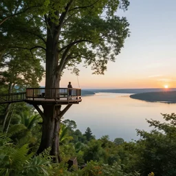standing in a beautiful tree fort looking out over the massive lake at sunrise, digital art, highly detailed, epic composition