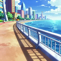 oceanfront walkway, futuristic city, colorful city, curved railing, long railing, shining sea, cel - shading, 2 0 0 1 anime, cel - shaded, bright sunshine, jet set radio, mirror's edge, raytracing, toon - shading, strong shadows