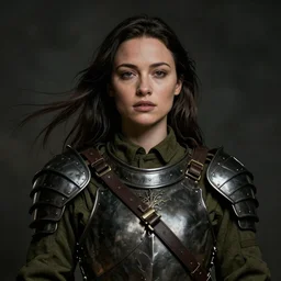a Photorealistic dramatic hyperrealistic render of a young Olivia Wilde, clothed in military armor, olive skin, long dark hair, beautiful bone structure, symmetrical facial features, intricate, elegant, Beautiful dynamic dramatic dark moody lighting, shadows, cinematic atmosphere, Artstation, concept art, Octane render, 8K