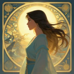 side profile centered painted portrait, Maya Ali as a wind mage, D&D, cell-shaded, matte painting concept art, radiant backlighting, official fanart, 4k, HDR, Art Nouveau, Trending on artstation, Behance, Pinterest, by Mucha and Jesper Ejsing and RHADS and Makoto Shinkai and Lois van baarle and ilya kuvshinov and rossdraws and Cushart Krentz and Gilleard James