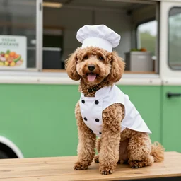 a cavoodle dog wearing a chef outfit and working on a vegan food truck
