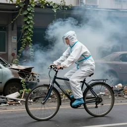 a photo of a female wearing a hazmat suit, riding a bike, side-view, smoke in the background, filthy streets, broken cars. Vines growing. Jpeg artifacts. Full-color photo. Color color color color color. Award-winning photo. OM system 12–40mm PRO II 40mm, 1/100 sec, f/2 8, ISO 800