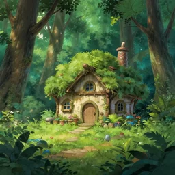 lush forest with a cute woodland home, fantasy studio ghibli animated film, fantasy concept art, aesthetic, glob