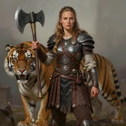 gorgeous!! hyper - realistic woman resembling alicia vikander as a battle - worn viking warrior wielding a giant axe | standing next to a sabretooth tiger | intricate, highly detailed, digital painting, character design, character concept art | drawn by wlop, drawn by jeehyung lee, drawn by artgerm, drawn by peter kemp