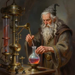 an old wizard operating a random pointlessly elaborate intricate contraption pneumatic machine, extracting a healing potion, anatomically correct hands, dnd character art portrait, matte fantasy painting, deviantart artstation by jeff easley by tyler jacobson, cinematic lighting