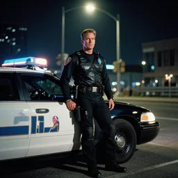 peter weller cyborg cop, standing under a street lamp at night in downtown future detroit. leaning against a futuristic police car. criterion collection, movie still. 7 0 mm. imax. film.