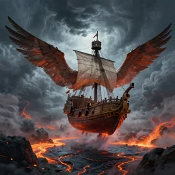 a galleon with wings flying in the sky during a cataclysm with a huge storm and rivers of lava, fantasy, concept art, artstation, hd 4 k