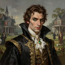 Majestic and regal portrait of the green eyed brown haired vampire Louis de Pointe du Lac, New Orleans, 1805 plantation in the background,  intricate, epic, elegant, menacing, fantasy, highly detailed, digital painting, hard focus, beautiful volumetric lighting, epic light, ultra detailed, by Leesha Hannigan, Ross Tran, Thierry Doizon, Kai Carpenter, Ignacio Fernández Ríos