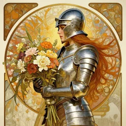 portrait of a beautiful mysterious woman warrior wearing an armour costume and helmet, holding a bouquet of flowing flowers, hands disappeared under the bouquet, profile view, fantasy, regal, intricate, by stanley artgerm lau, greg rutkowski, thomas kinkade, alphonse mucha, loish, norman rockwell