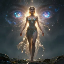 beautiful cinematic fantasy poster, goddess of light and love, beautiful glowing galaxy eyes, hybrid from The Elden Ring and art direction by Darius Zawadzki ;by artgerm; wayne reynolds art station; cinematic quality character render; low angle; ultra high quality model; production quality cinema model; full body in view, full body in frame