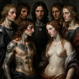 8 k hyper detailed perfect renaissance painting of ada and eve covered in dark tattoos on chest neck and face, futuristic robes, award winning, intricate photo realistic faces, art by michaelangelo and rembrandt, post - processed, taste of horror