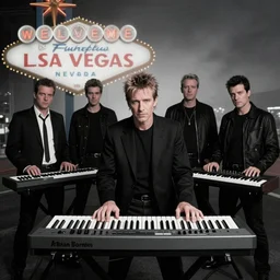 8 0's synthesizer band, anton corbijn, black, white, grey, posed, album cover, las vegas background, duran duran, synthesizer, atmospheric lighting. highly detailed 8 0's style photo.