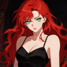 sexy girl with red hair and green eyes, wearing a camisole, red and black color palette, in the style of and ilya kuvshinov and greg rutkowski, high quality anime artstyle, intricate