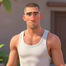 handsome thin athletic white man with short buzzed widows peak hair, facial stubble, and eyes are blue, wearing tank top, posing outside, depicted as a Pixar character, high quality cg render, 4k