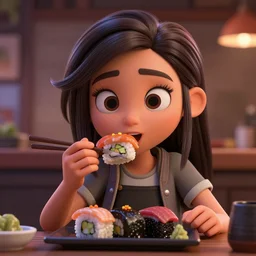 judy neutron eating sushi, beautiful, extra detailed, harsh lighting, trending on artstation, nickelodeon, 3 d