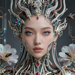 very beautiful woman integrating with technology, full face frontal centered, portrait, insipiring, detailed intricate ornate cables connected to head, big open electric eyes, luxurious detailed abundent wiring and implants, diamonds, ruby, sci - fi, detailed technology background with cyber flowers and insects, highly detailed, artstation, 8 k,