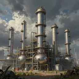 futuristic chemical plant, fantasy painting, lots of detail