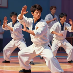 high school uniform dynamic tai chi master handsome features young man, attractive face, good looking, expert proportions, high details, colorful palette, masterpiece, shintaro kago, ilya kuvshinov, loish, ruan jia, james jean volumetric shading illumination, ambient light
