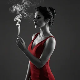 a detailed portrait photo of elegant young woman who turns into smoke, noire photo, grayscale photo with red dress, photo by Michael David Rock, 8K, 50mm lens