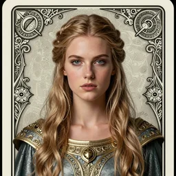 beautiful, subtle, and refined  engraved fractal tarot card featuring an ornate, realistic, and regal high key studio portrait of a seductive and attractive young viking princess with braided blonde hair, brilliant blue eyes, and a helmet by Dan Mumford, by Jim Fitzpatrick,  by Eric Lafforgue, featured on deviant art, trending on artstation, brilliant nebula backdrop