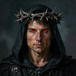portrait of Tom Cruise with red glowing eyes in hood and crown of thorns, dark fantasy, Warhammer, artstation painted by Zdislav Beksinski and Wayne Barlowe