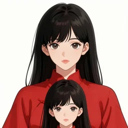 anime girl with a detailed face and black hair in a red outfit placed in bottom half of illustration, full body, trending, illustration