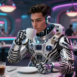 portrait of a handsome brazilian android male supermodels wearing zebra striped haute couture futuristic astronaut suits and drinking morning large cups of coffee in a futuristic neon diner, 3 d photorealistic, parts by beksinski, parts by goro fujita, parts by yue minjun