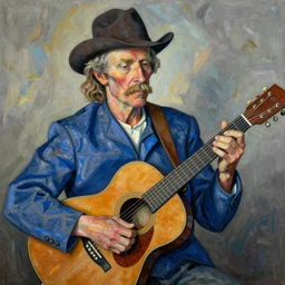a cubism portrait of willie nelson hugging his guitar, in the style of paul cezanne, digital art, hyperrealist