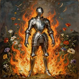 shiny liquids metal armor in flames and wild flowers, monumental painting by gerrit van honthorst and hajime sorayama and william blake, illusion surreal art, highly conceptual figurative art, intricate detailed oil illustration, controversial poster art, polish poster art 1 9 8 0