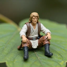 Real live miniature Qui-Gon Jinn, human male, accurate proportions, sitting on a leaf, macro photography
