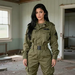 kylie Jenner in a derelict house wearing an army outfit