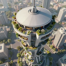 matte painting of the bird's eye view of tower with a large flat disc on top. garden balconies. ecofuturistic architecture. dynamic perspective. urban, detailed digital art trending in artstation