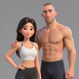 young beautiful athletic Filipino woman with long hair standing beside a handsome caucasian athletic thin man with very short buzzed hair, balding, stubble on his face, blue eyes, they are posing, depicted as adult Pixar characters, high quality cg render, 4k