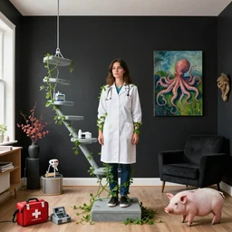 a female pathology student in her apartment, wrapped in vines, medical equipment, stepping stones, octopus, first aid kit, pig, black walls, ikebana, black armchair, sculpture, acrylic on canvas, surrealist, by magritte and monet