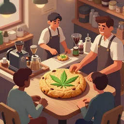 close up of barista at customers table : cafe serves cannabis cookie for the first time in australia, isometric illustration fun, render in pixar, by darwyn cooke. meme cartoon