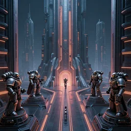 a minimalist wathammer 40k scifi brutalist futuristic temple city exterior with neon walkways and statues to the tech gods, high dynamic range, ilm, beeple, star citizen, halo, mass effect, bladerunner, elysium