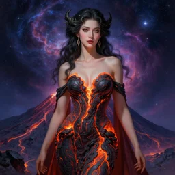 stunning french goddess of volcano portrait, lava dress, space nebula background, fantasy, intricate, elegant, highly detailed, digital painting, artstation, concept art, smooth, sharp focus, illustration, art by afshar petros and krenz cushart and artem demura