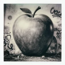 detailed medium format photo, polaroid still from tarkovsky movie, a giant apple character, spray painting graffiti on a wall, haze, high production value, intricate details, 8 k resolution, hyperrealistic, hdr, photorealistic, high definition, technicolor, award - winning photography, masterpiece, black and white, grungy
